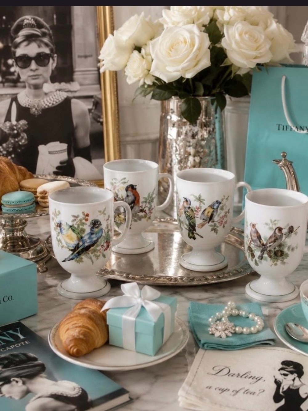 Unique Vintage White Porcelain Bird Footed Mugs with Multicolor Floral Accents